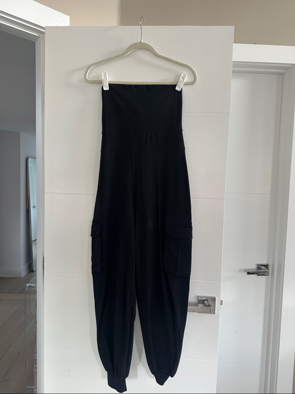 Susana Monaco Black Strapless Cargo Jumpsuit with Elastic Cuffs